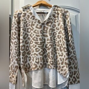 Milano V-Neck  Sweater Combo Blouse with Cheetah Print , size Large
